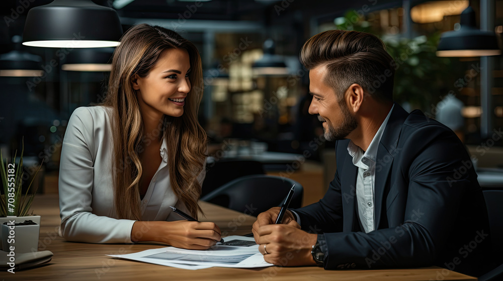 Friendly smiling coworker woman and a businessman discussing face to face with some documents and files on both sides of hands at office desk Friendly smiling coworker woman and a businessman discussing face to face with some documents and files on both sides of hands at office desk