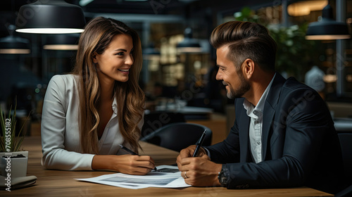 Friendly smiling coworker woman and a businessman discussing face to face with some documents and files on both sides of hands at office desk created with Generative AI Technology