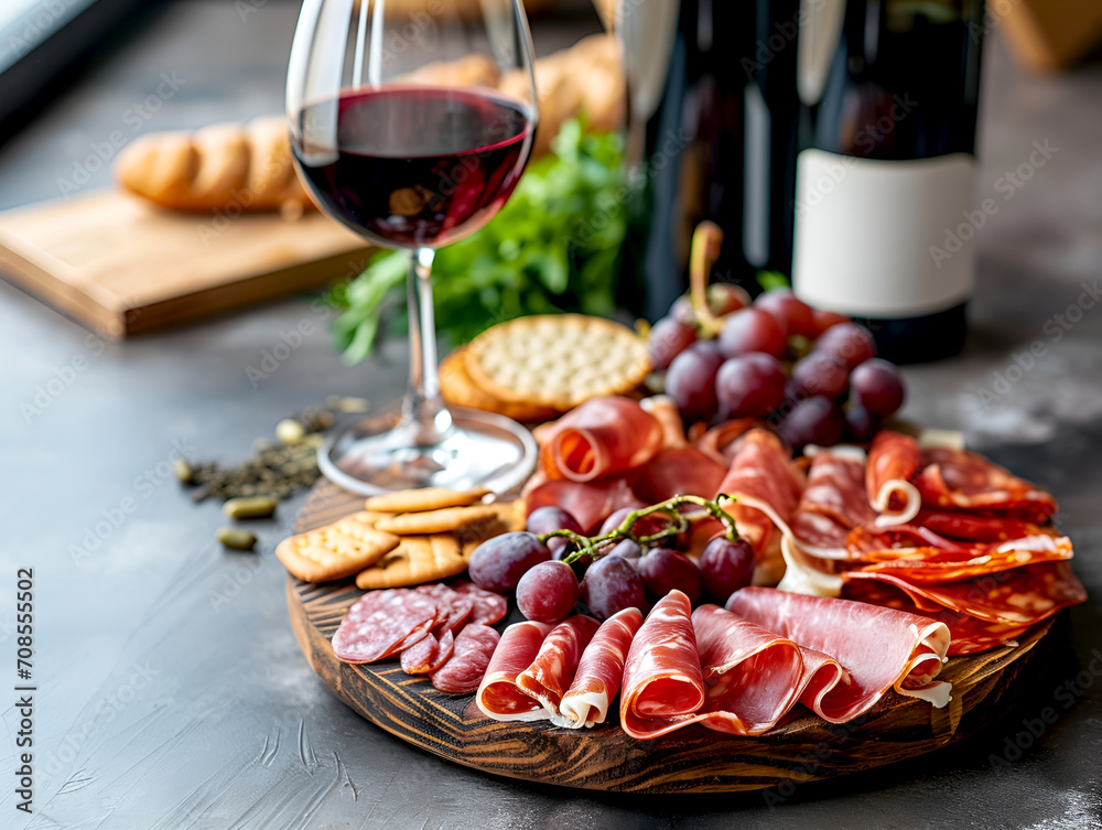 Round charcuterie board with a glass of red wine on dark restaurant table. Gourmet selection of meats, cheese, and grapes with glass of red wine. Festive appetizers platter with wine, finger food