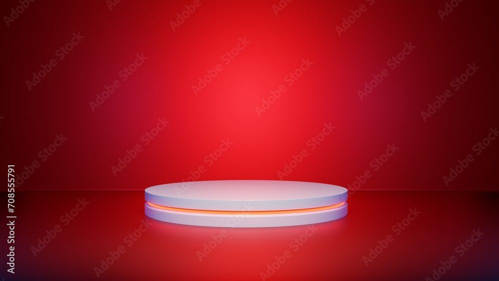 Display stand on red background. 3d podium in neon colors and gradient. Display stand on red background. 3d podium in neon colors and gradient.