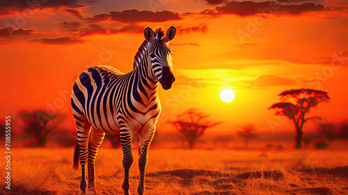 African zebra animal at beautiful orange sunset on vast grassland in the wild nature of Tanzania African National Park created with Generative AI Technology