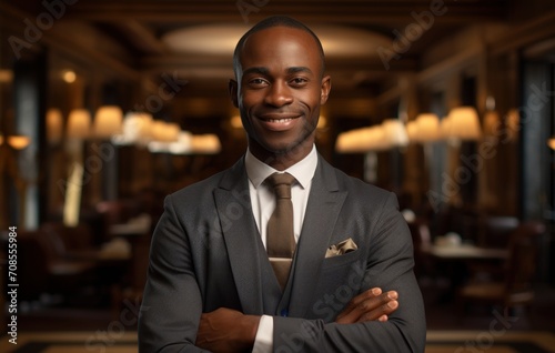 African american businessman proudly posing with crossed arms in a hotel, financial responsibility image