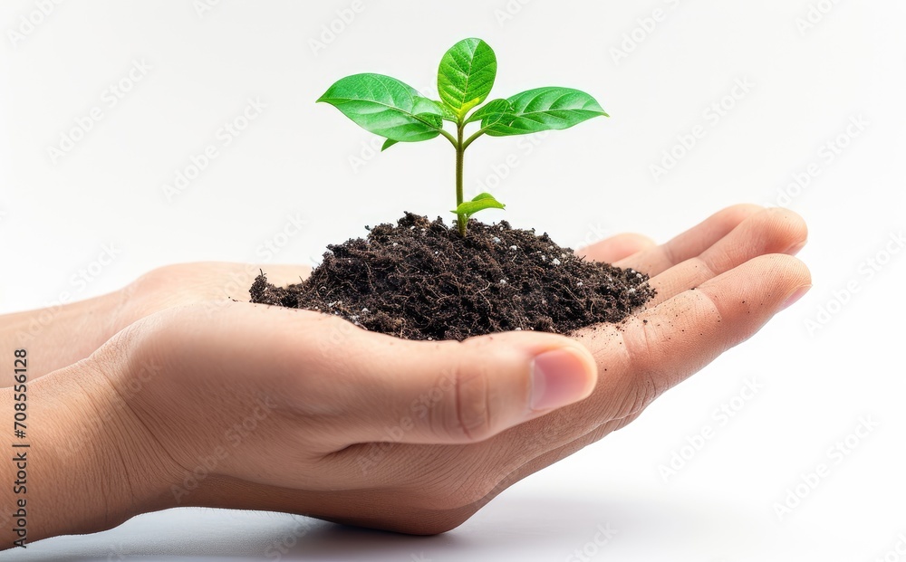 A group of delegates with hand holds a small plant with soil, sustainability photo A group of delegates with hand holds a small plant with soil, sustainability photo