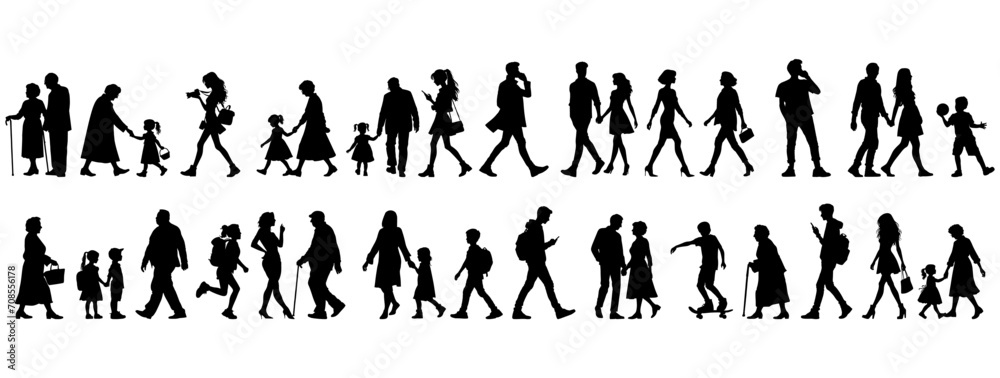 vector illustration. silhouettes of people walking along the street. Large set of characters of different ages.