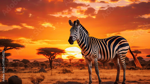 African zebra animal at beautiful orange sunset on vast grassland in the wild nature of Tanzania African National Park created with Generative AI Technology