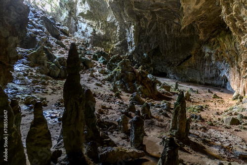 Cave with stalactites and stalagmites. A cave in the mountain in Turkey close to Marmaris. Beautiful undeground view.