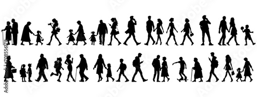 vector illustration. silhouettes of people walking along the street. Large set of characters of different ages.