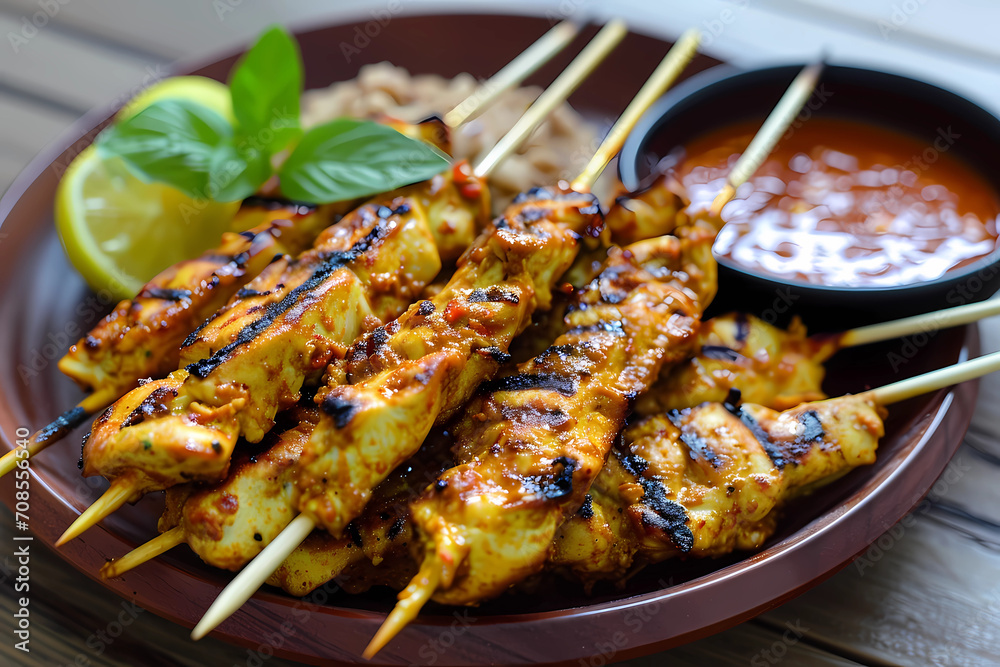 Chicken Satay, Southeast Asia, marinated and skewered strips of tender chicken, grilled to perfection, served with a flavorful peanut sauce that adds harmonious balance of savory, sweet, and spicy Chicken Satay, Southeast Asia, marinated and skewered strips of tender chicken, grilled to perfection, served with a flavorful peanut sauce that adds harmonious balance of savory, sweet, and spicy