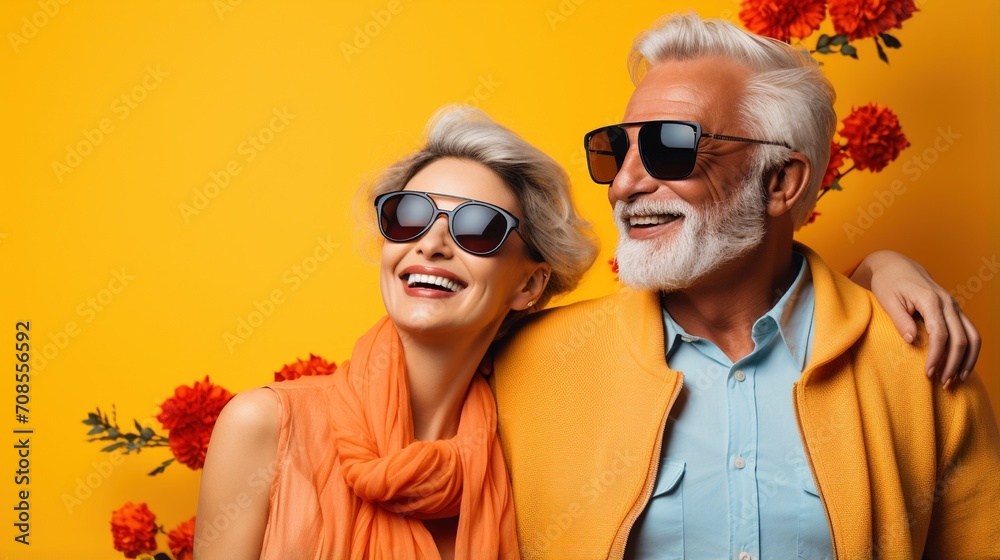 Happy senior couple wearing sunglasses and smiling