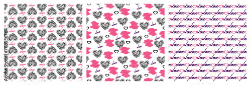 Seamless pattern set with lettering love and hearts doodles for textile, scrapbook. Love illustration hearts hand drawn background for Valentines day