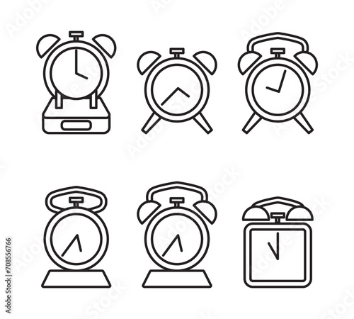 A collection of simple icons of an alarm clock. Collection of line art style clock icons on an isolated white background