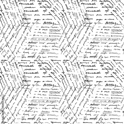 Seamless vector pattern with abstract black handwritten text on white background. Handwritten abstract text wallpaper.  Full vector illegible, unreadable love themed letter, hand written writing in cu