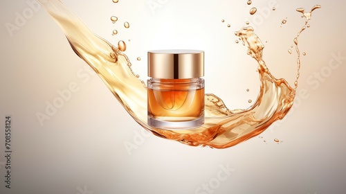 Beauty cosmetic packaging with spread of cream serum in the background. photo