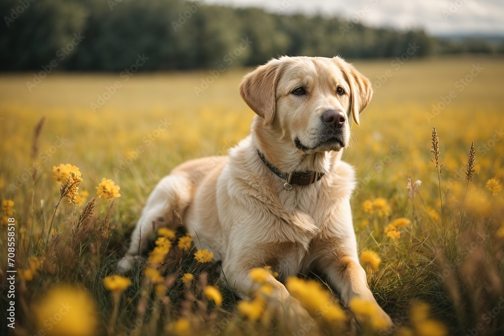 Perro labrador retriever, echado y alerta, en una pradera en el campo - obrazy, fototapety, plakaty 