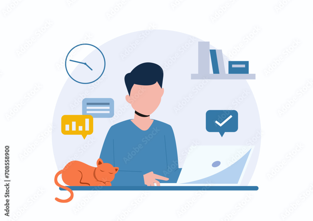 Handsome man is working at his laptop. Modern office interior with work process icons on the background. Vector illustration. Flat style modern design vector illustration for web page, cards, posters Handsome man is working at his laptop. Modern office interior with work process icons on the background. Vector illustration. Flat style modern design vector illustration for web page, cards, posters