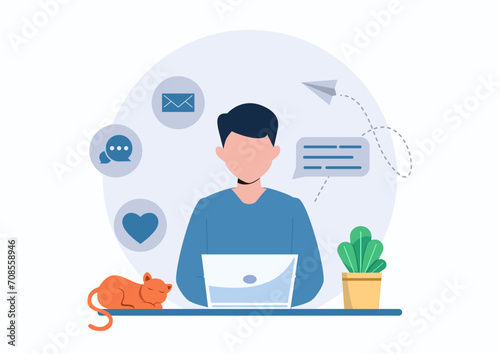 Handsome man working on his laptop. Modern office interior with work process icons in the background. Vector illustration.