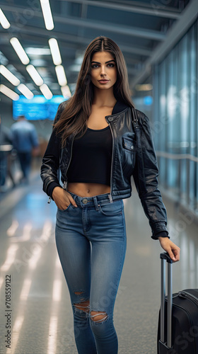 Stunning beautiful Latin model with long hair and perfect smooth skin standing at the airport with luggage wearing a shirt and jeans created with Generative AI Technology