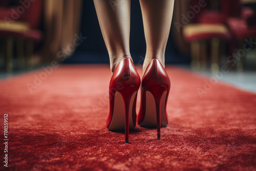 Back view woman's feet in elegant high heels at red carpet event