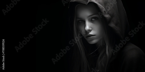 A monochrome portrait of a woman in a dark hooded cloak exudes mystery.