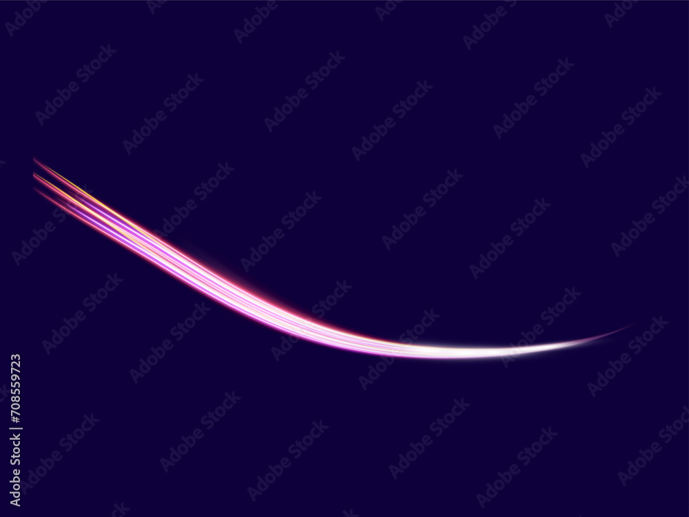 High speed effect motion blur night lights pink and red. Futuristic neon light line trails. bright sparkling background. Purple glowing wave swirl, impulse cable lines. Long time exposure. Vector High speed effect motion blur night lights pink and red. Futuristic neon light line trails. bright sparkling background. Purple glowing wave swirl, impulse cable lines. Long time exposure. Vector