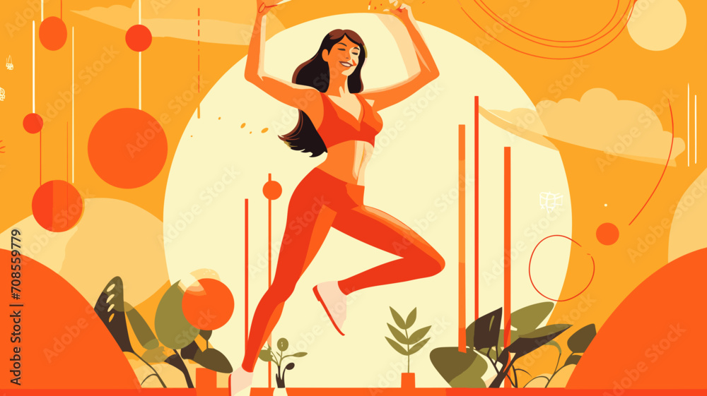Vintage 70's style illustration, young woman doing fitnes, Happy housewife of the 1970s concept. Good looking happy woman during fitness excercises. Healthy lifestyle.
