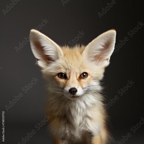 A small fox is portrayed attentively looking at the camera.