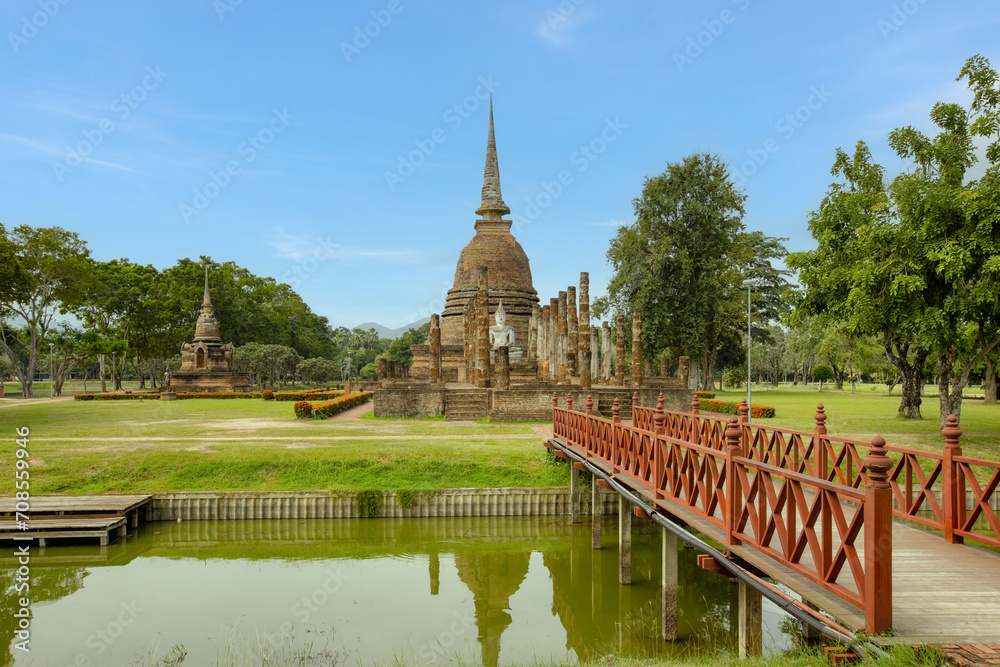 Wat Sa Si temple and wooden bridge, Shukhothai Historical Park, Thailand, one of UNESCO Heritage Site