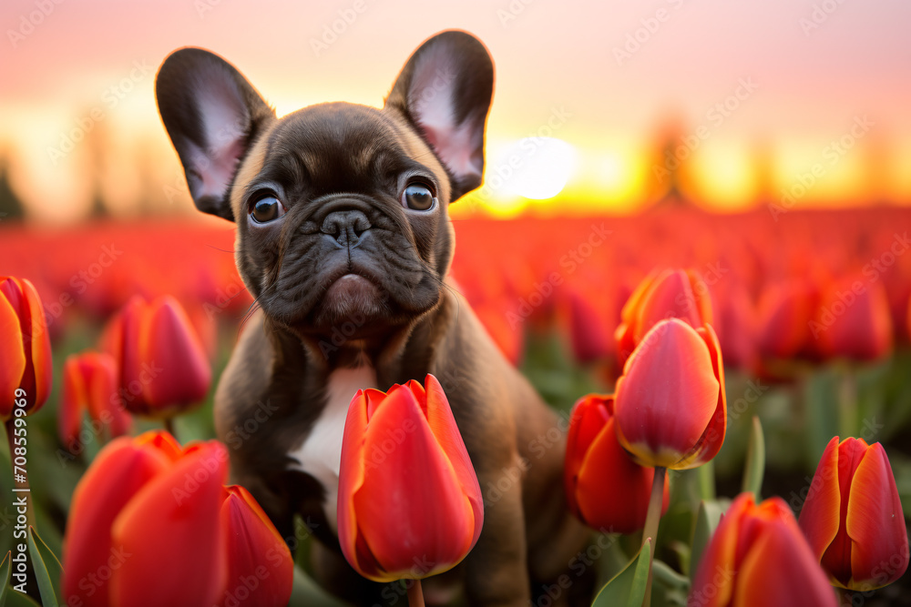 Young French Bulldog dog in field of red tulip spring flowers