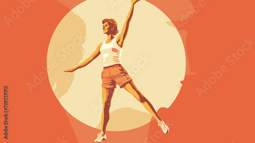 Vintage 70's style illustration, young woman doing fitnes, Happy housewife of the 1970s concept. Good looking happy woman during fitness excercises. Healthy lifestyle.