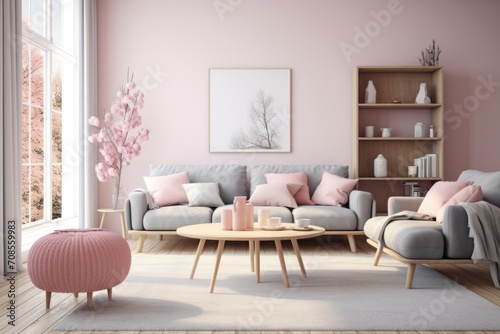 Cozy Modern Living Room with Elegant Decor and Soft Tones , pInk color , wall Art , Poster , Interior Design