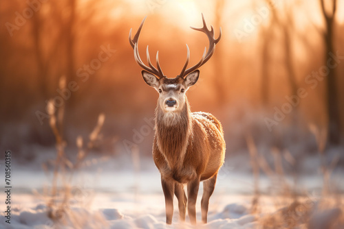 Red deer on snow ground in the forest with morning light background © Sawai Thong