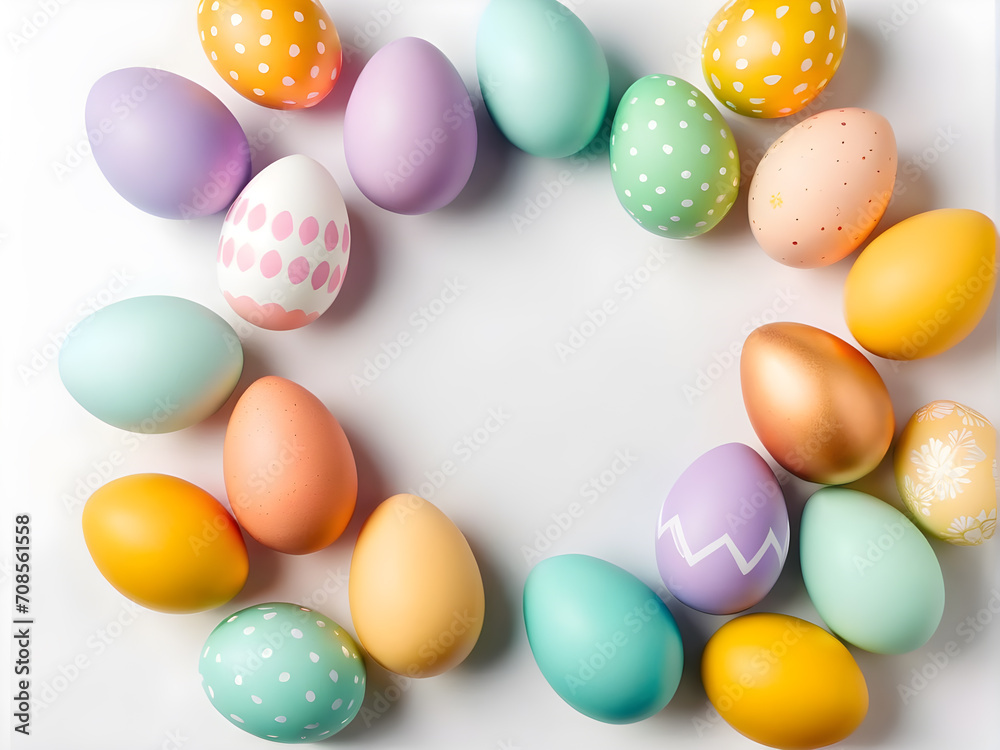 Happy easter, colorful eggs on white background for your decoration in holiday. copy space. top view, flat lay