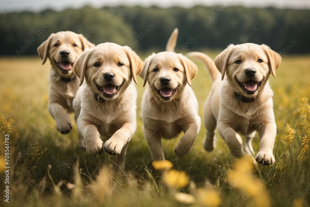 Cuatro cachorros labrador retriever, corriendo, en una pradera en el campo, mirando a la cámara 