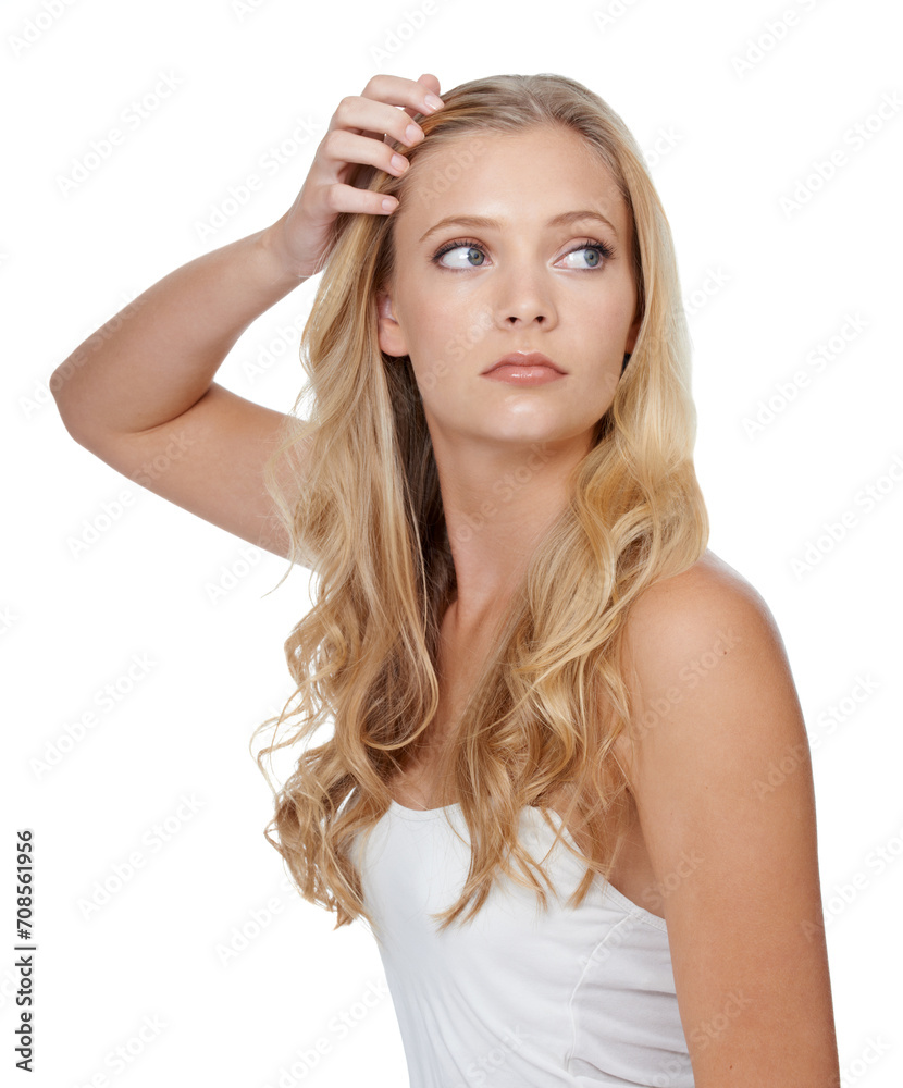 Woman, thinking and beauty with hair care in studio for cosmetics, keratin treatment and shampoo shine. Model, person and confidence with skincare, collagen texture and hairstyle on white background Woman, thinking and beauty with hair care in studio for cosmetics, keratin treatment and shampoo shine. Model, person and confidence with skincare, collagen texture and hairstyle on white background