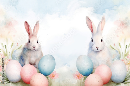 Easter Bunnies, Willow, Spring Flowers, and Eggs in a Delicate Watercolor Drawing, Enveloped in Pastel Hues - A Whimsical and Artistic Depiction of the Easter Season © AIRina