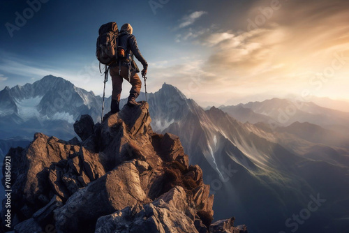 Climber man climbing a large mountain at sunset. The concept of mountain tourism, travel, leadership, on the top. photo