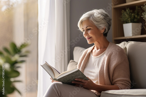 a 60-year-old woman with short hair reads a book at home in a calm environment