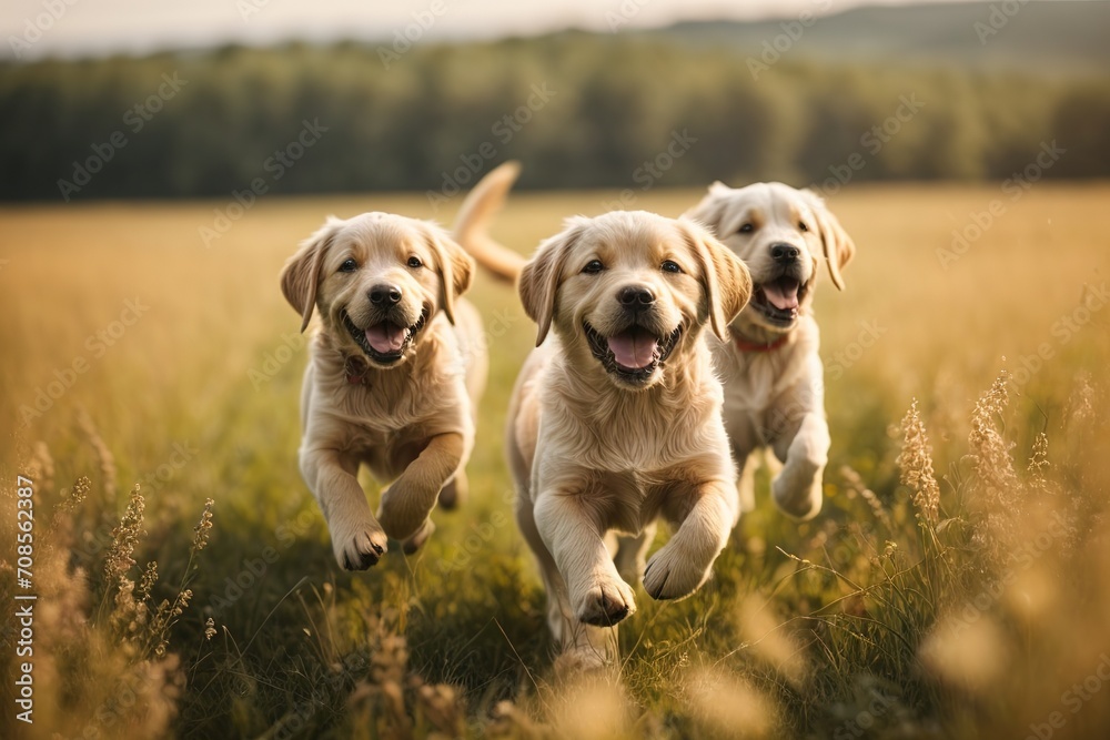 Cachorros labrador retriever, corriendo, en una pradera en el campo, mirando a la cámara 