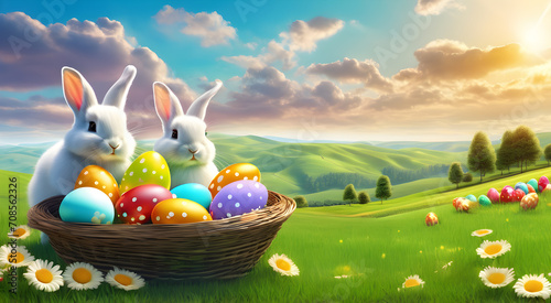 Easter landscape, bunnies with colorful eggs and daisy flower on meadow under beautiful sky. © pornpun