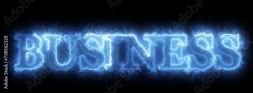 Neon blue sign spelling BUSINESS on a black background.