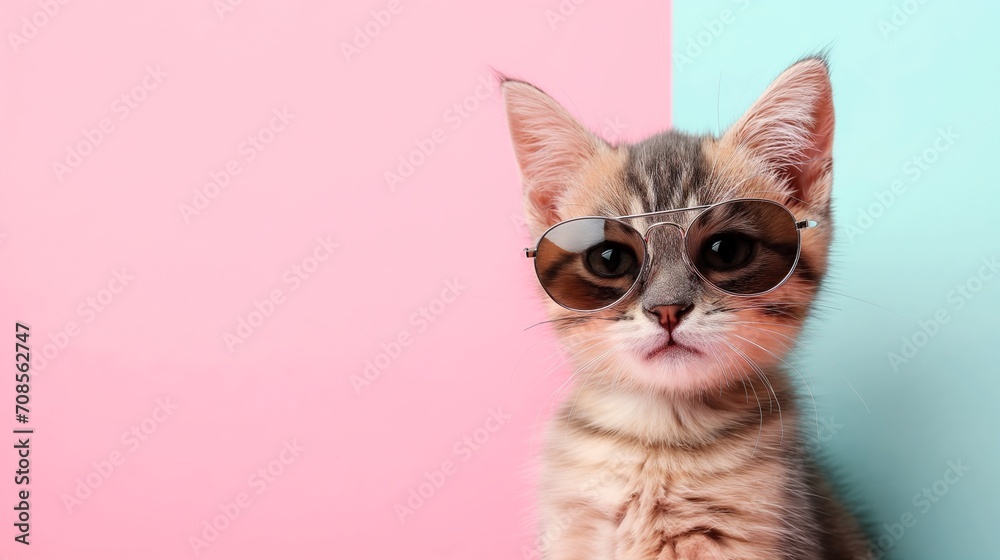 Close portrait of British cat in fashion sunglasses. Funny pet on bright pastel background. Kitten in eyeglass. Fashion, style, cool animal concept with copy space