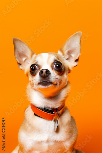 Funny surprised dog isolated on bright orange background. Studio portrait of a dog with amazed face. © ita_tinta_