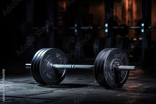 Barbell on the floor in the gym. Horizontal banner for a gym, Gym Floor Barbell: Horizontal Banner for Fitness Center