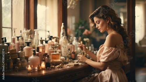 Step into a bygone era with this vintage-inspired image of a woman at her vanity, surrounded by bottles of perfume and indulging in a moment of self-care. photo