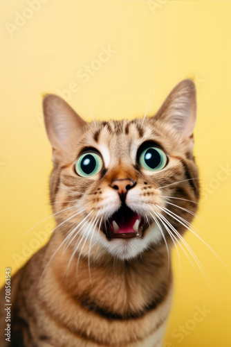 Funny surprised cat isolated on bright background. Studio portrait of a cat with amazed face. © ita_tinta_