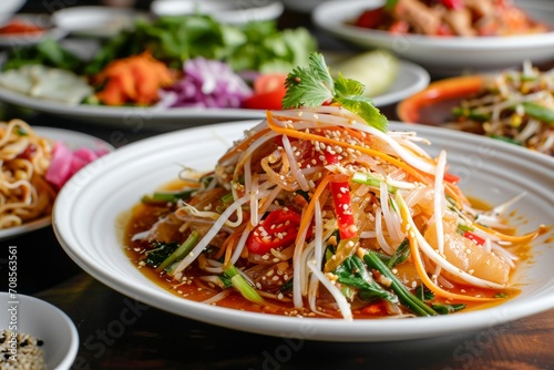 Som Tam served on white dishes, fresh vegetables, sesame seeds and sauce, Thai style, Thai food
