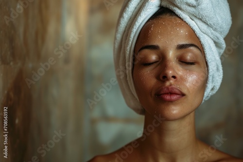 Woman enjoying a moment of peace in the hamam steam room, Towel on her head, eyes closed, Soft light that creates comfort and tranquility, Photorealism photo