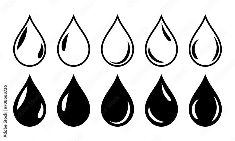 Drop symbol in black color with white shine. Oil, water, blood drop symbol icon set of five in black color with fill and outline. Water drop shape. Water, oil drops set isolated on white background.