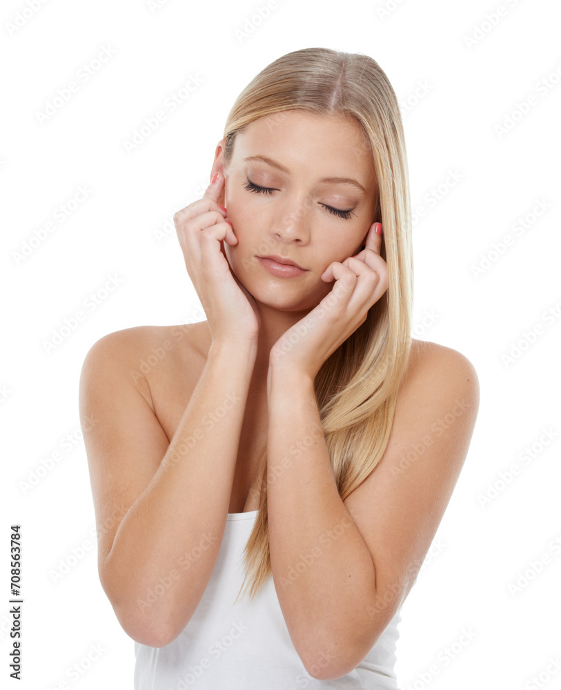 Eyes closed, skincare and woman with cosmetics, beauty and natural isolated on a white studio background. Person, girl and model with shine, glow and grooming with texture, healthy skin and wellness Eyes closed, skincare and woman with cosmetics, beauty and natural isolated on a white studio background. Person, girl and model with shine, glow and grooming with texture, healthy skin and wellness