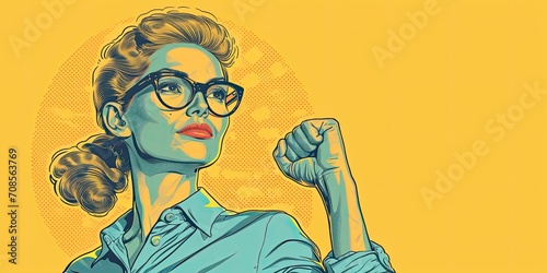 girl in a blue blouse and glasses in retro style with a feminist, hand clenched into a fist, banner, copy space photo